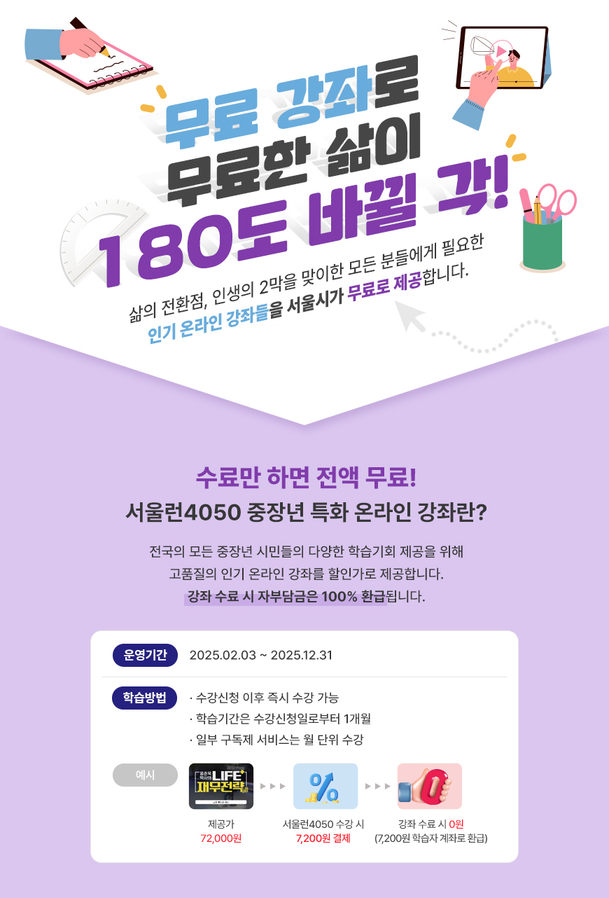 무료 강좌로 무료한 삶이 180도 바낄 각!
삶의 전환점, 인생의 2막을 맞이한 모든 분들에게 필요한 인기 온라인 강좌들을 서울시가 무료로 제공합니다.
수료만 하면 전액 무료!
서울런4050 중장년 특화 온라인 강좌란?
전국의 모든 중장년 시민들의 다양한 학습기회 제공을 위해 고품질의 인기 온라인 강좌를 할인가로 제공합니다.
강좌 수료 시 자부담금은 100% 환급됩니다.
운영기간 : 2025.02.03~ 2025.12.31
학습방법 : 수강신청 이후 즉시 수강 가능. 학습기간은 수강신청일로부터 1개월. 일부 구독제 서비스는 월 단위 수강.
예시 : 72,000원짜리 LIFE 플러스 재무전략 강의를 서울런4050 수강 시 7,200원에 결제하고 강좌 수료 시 0원(7,200원 학습자 계좌로 환급)