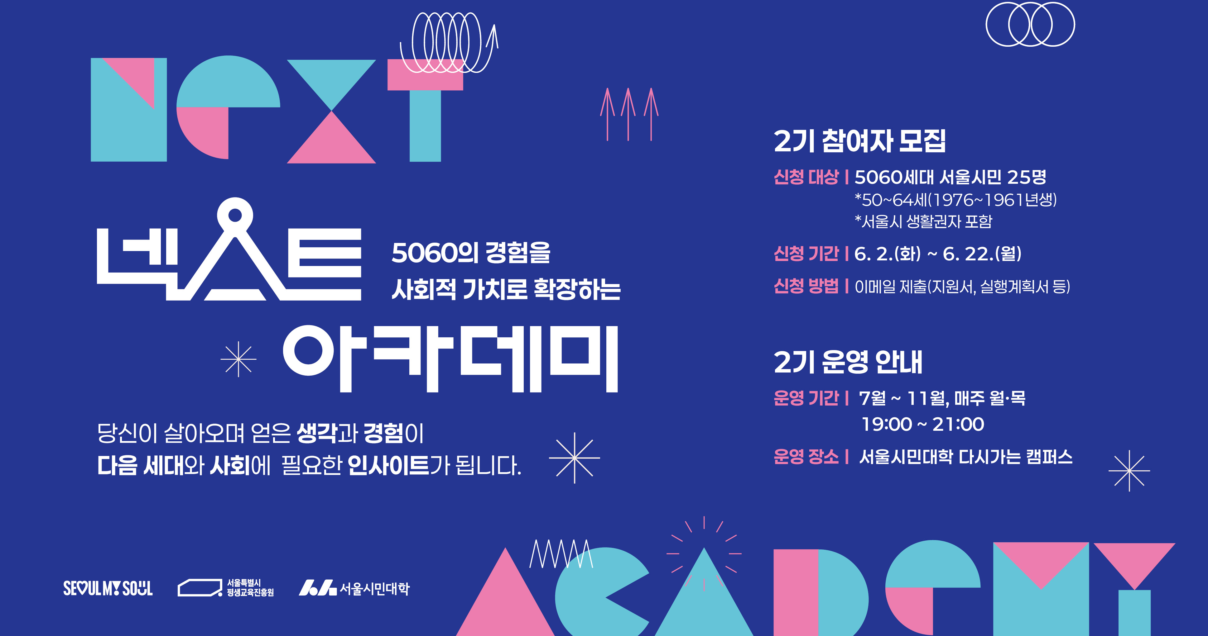 5060의 경험을 사회적 가치로 확장하는 넥스트 아카데미 2기 참여자 모집 -신청대상: 5060세대 서울시민 25명 *50~64세(1976년~1961년생) *서울시 생활권자 포함 - 신청기간: 6월 2일(화)~6월 22일(월) - 신청방법: 이메일 제출(지원서, 실행계획서 등)  2기 운영 안내 - 운영기간: 7월~11월, 매주 월-목 19:00~21:00 - 운영장소: 서울시민대학 다시가는 캠퍼스 